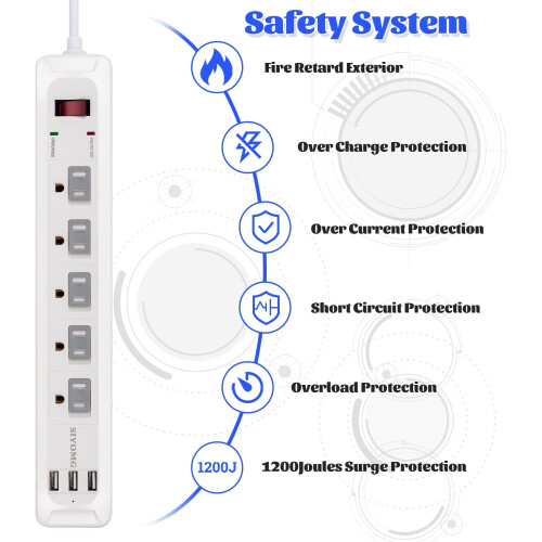 Power Strip Surge Protector 5 AC Outlets 3 USB 5 Ft 2