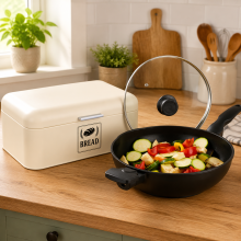 Retro Kitchen Wok Set (2-Piece) – Vintage Metal Bread Bin & Induction Cast Aluminium Wok with Lid