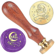 Hånd med måneblad vokssegl stempel 1" Vintage Retro Magic Series - Kompatibel med vokssmelter - Træhåndtag til kuverter, invitationer, kort, gaver
