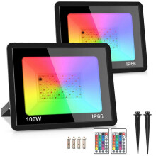 2 Pack 100W RGB LED Flood Lights IP66 Waterproof Color Changing Floodlight with Remote compatible with Party, Ha