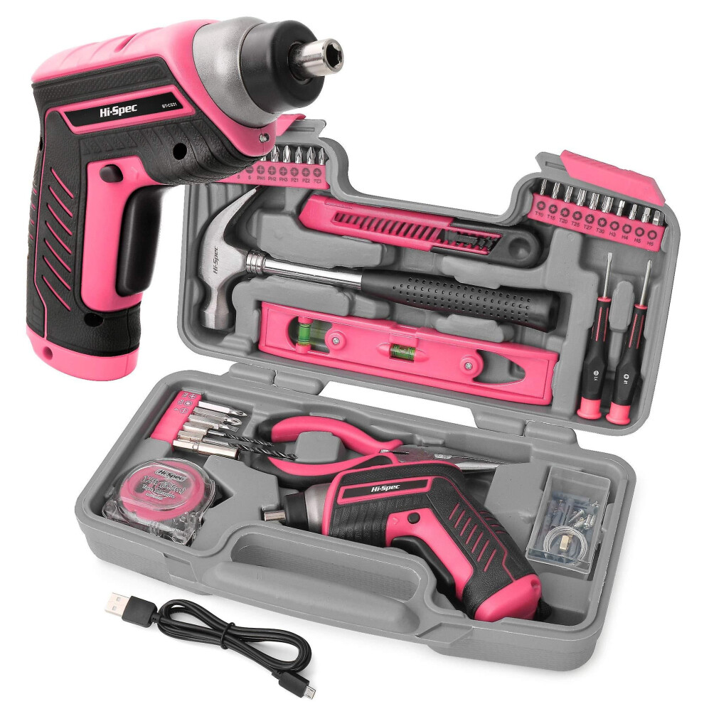 Pink 4V Electric Screwdriver - Multifunction Cordless Drill Driver With Complete Kit Of Tools And Accessories - Storage Case With Hammer, Pliers, Dril 3262948886437