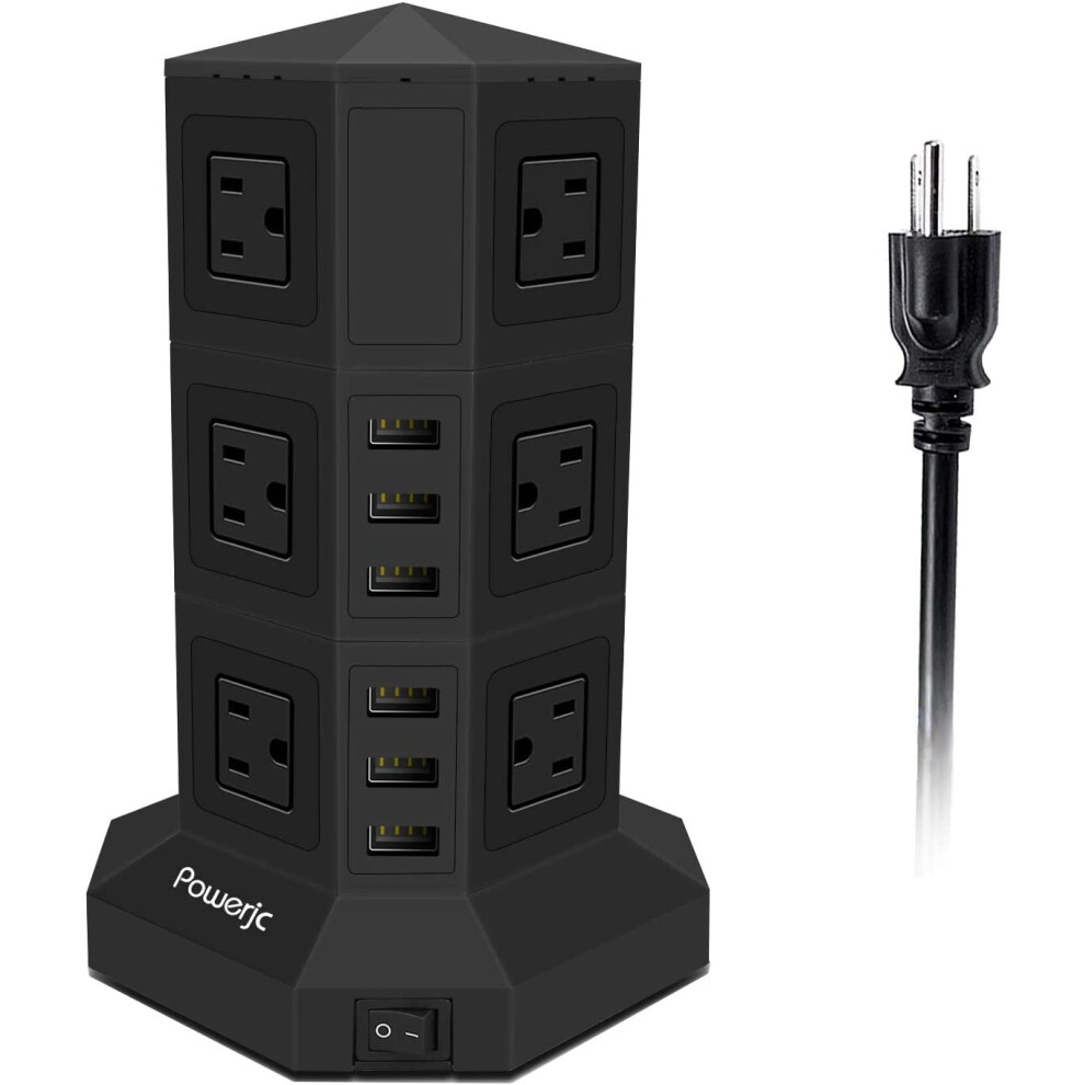 Tower Power Strip Surge Protector 12 Ac Outlets 6 Usb Ports Black 917087634786