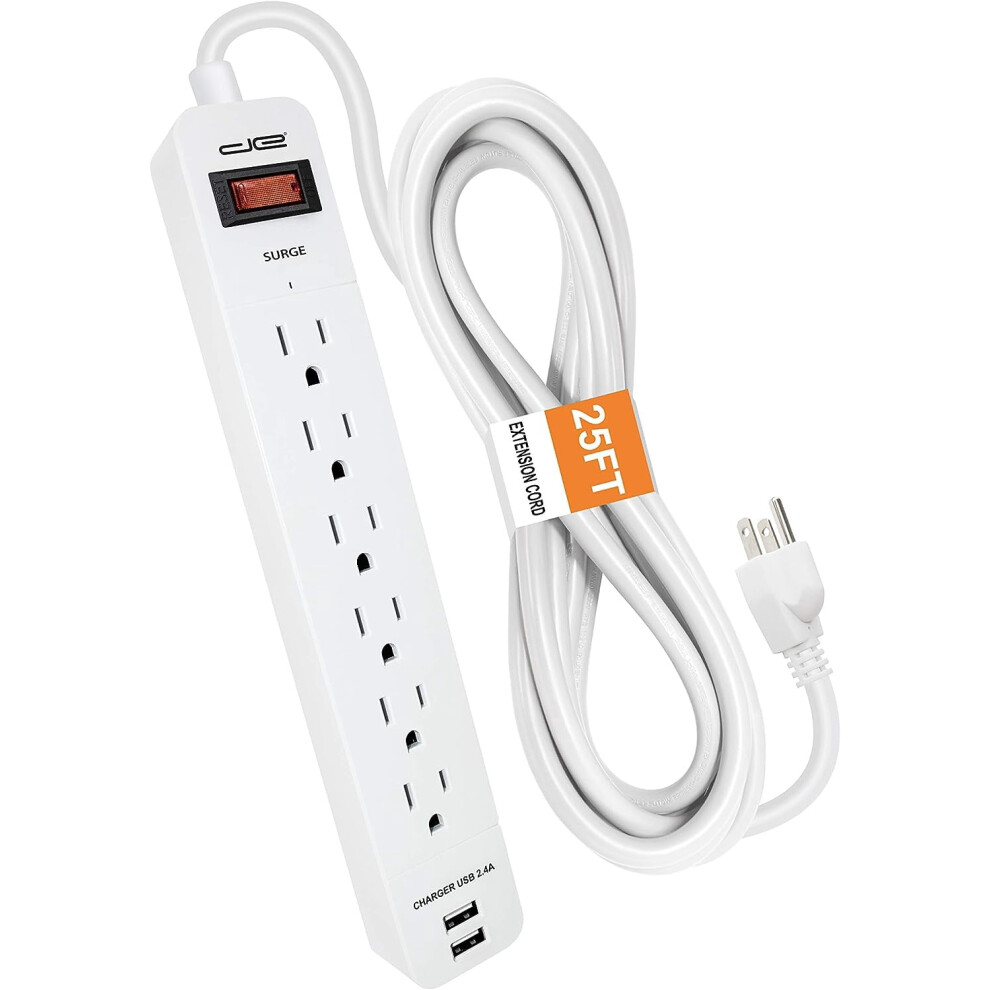Surge Protector Power Strip 6 Outlets 2 Usb 25-Ft Cord White 917087636025