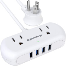 Grenuttag med USB, mini-överspänningsskydd med 2 uttag med brett mellanrum och 4 USB-portar, 1,5 meter förlängningssladd,
