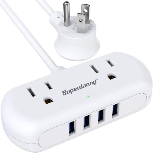 Πολύπριζο με USB, Μίνι Προστασία από Υπερτάσεις με 2 Πρίζες Ευρείας Διάστασης & 4
