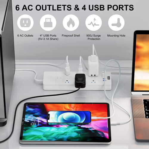 Surge Protector Power Strip with USB 6 Outlets 6 Ft Flat 2