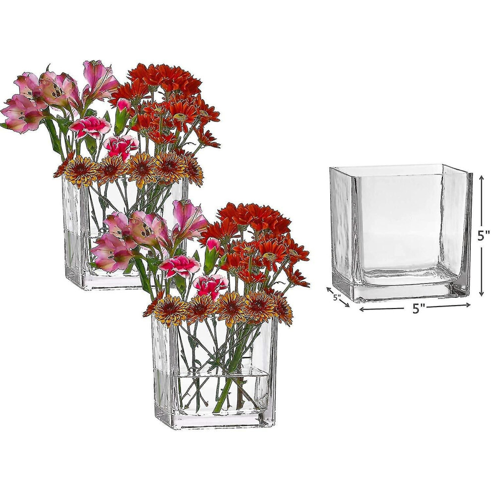 Set Of 3 Glass Square Vases 5 X 5 Inch Clear Cube Shape Flower Vase, Candle Holders - Perfect As A Wedding Centerpieces, Home Decoration 3740862869977