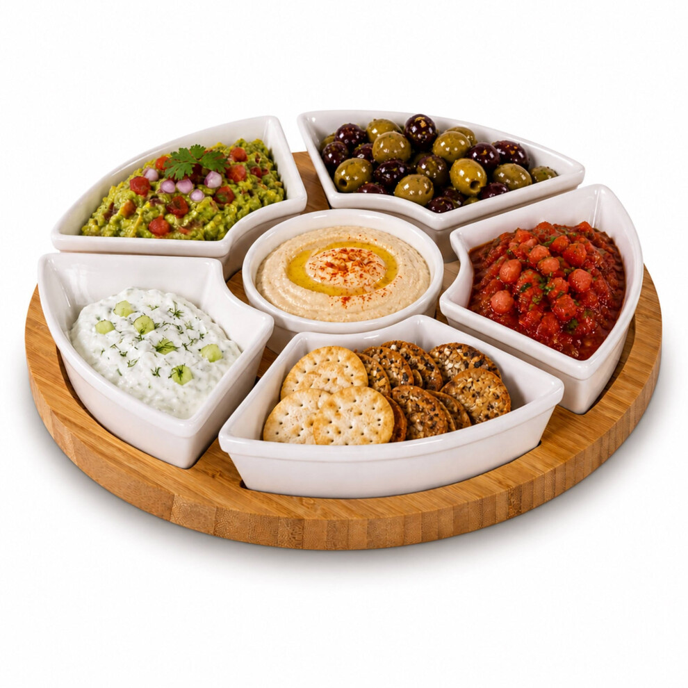 Oypla Rotating Bamboo Rotating Tray Snack Bowl Serving Platter With Ceramic Dishes