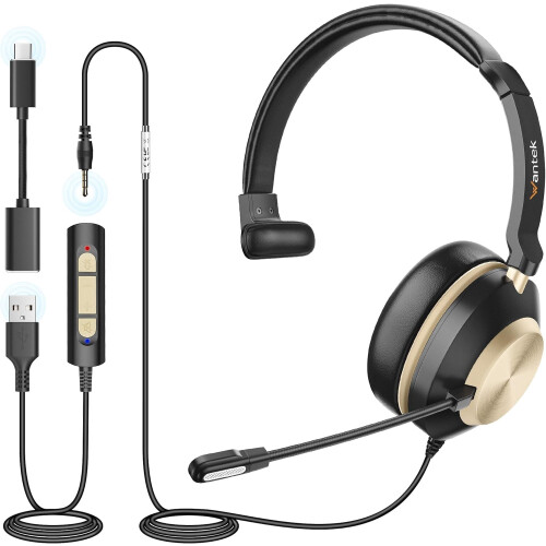 USB headset with microphone 3-in-1 Type-C/USB/3.5mm monaural