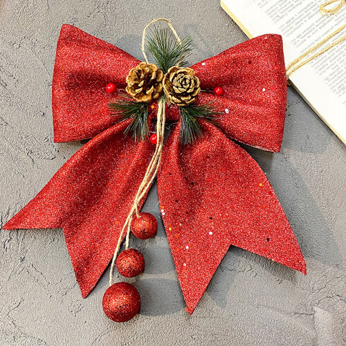 Christmas pine and nut ornaments with glitter bowknot, 1