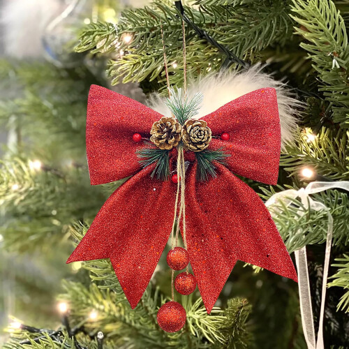 Christmas pine and nut ornaments with glitter bowknot, 2