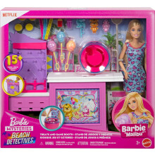 Barbie Mysteries: Beach Detectives Malibu Doll & Cotton Candy Game Booth Playset with 20 Accessories Including Prizes
