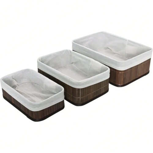 Set of 3 Woven Bamboo Storage Baskets Rectangular for Bathroom Closet Laundry