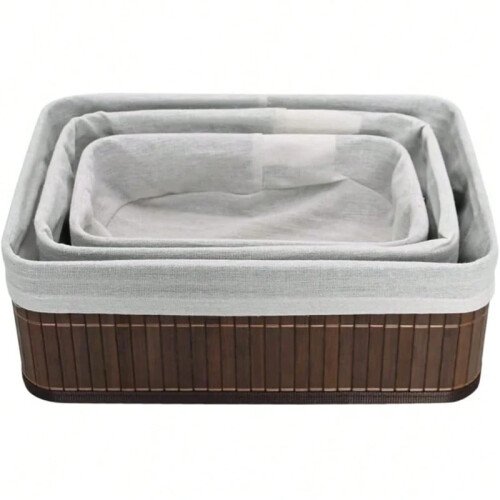 Set of 3 Woven Bamboo Storage Baskets Rectangular for Bathroom Closet Laundry 1