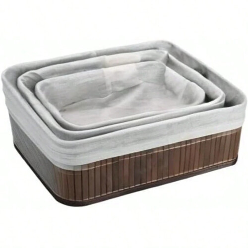 Set of 3 Woven Bamboo Storage Baskets Rectangular for Bathroom Closet Laundry 2