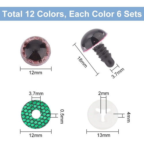 Plastic Safety Eyes 72 Sets 12 Colors with Scale Disc and 1