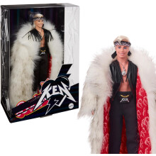 Barbie The Movie Collectible Ken Doll Wearing Big Faux Fur Coat and Black Fringe Vest with Bandana