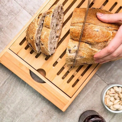 Bamboo Bread Cutting Board with Crumb Catcher Serving Tray for Kitchen
