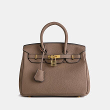 (Khaki, 25cm) Classic Lychee-Pattern Platinum Bag Large Capacity Shoulder Crossbody Bag PU Material Commuter Travel Bag