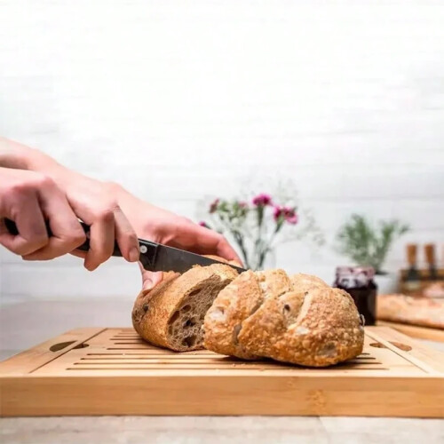 Bamboo Bread Cutting Board with Crumb Catcher Serving Tray for Kitchen 2