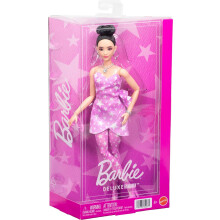 Barbie Deluxe Style Doll #11 in Pink Denim Star-Print Dress with Matching Tights, Black Hair in High Bun, Accessories Like Handbag and Jewelry