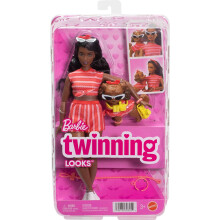Barbie Twinning Looks Doll with Pet Dog in Matching Red Striped Clothes and Accessories for Both Like Sunglasses and Headbands, Wavy Black Hair
