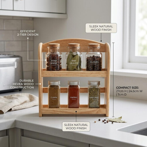 RB Spice Rack 2 Tier Hevea Wood 27cm Brown Compact Kitchen Organizer Storage 1