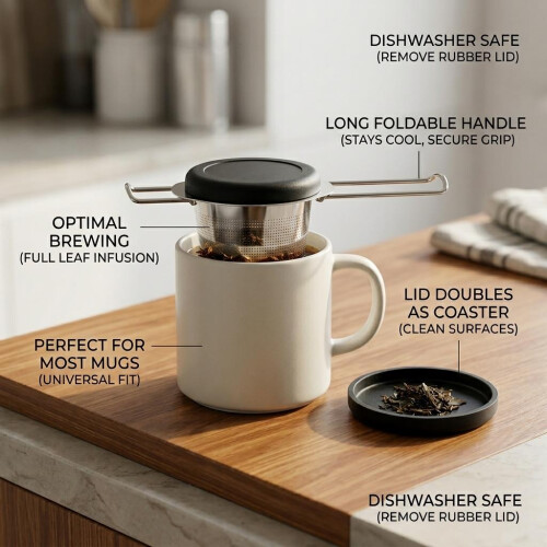 Tea Infuser for Mug Stainless Steel 8cm Foldable Handle Lid Dishwasher Safe 1