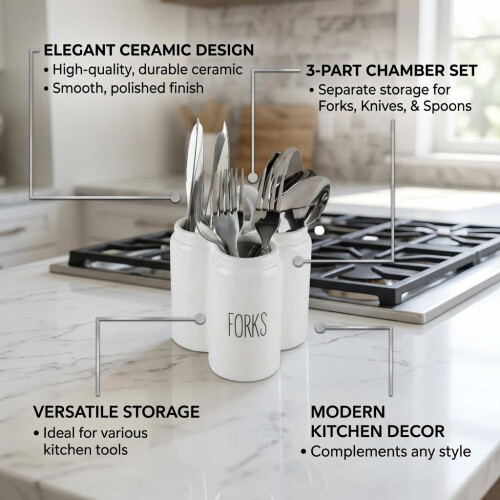 Dimples Cutlery Holder Set of 3 Ceramic with a Handle White Kitchen Organizer 1
