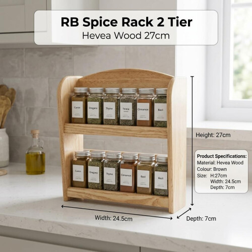 RB Spice Rack 2 Tier Hevea Wood 27cm Brown Compact Kitchen Organizer Storage 2