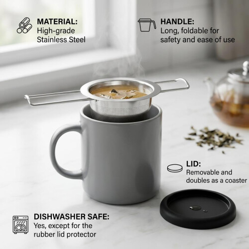 Tea Infuser for Mug Stainless Steel 8cm Foldable Handle Lid Dishwasher Safe 2