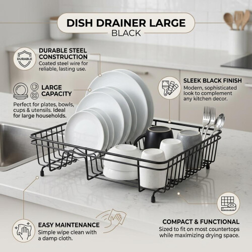 Large Black Dish Drainer Durable Coated Steel Efficient Modern Kitchen Solution 1