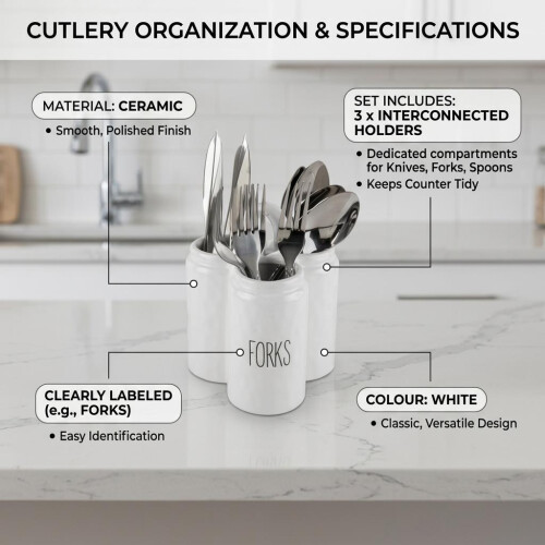 Dimples Cutlery Holder Set of 3 Ceramic with a Handle White Kitchen Organizer 2