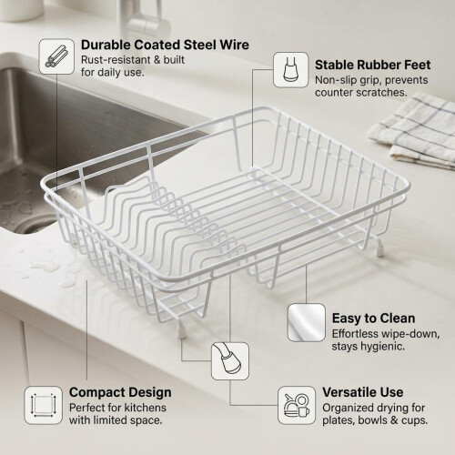 Small White Dish Drainer Compact Durable with Rubber Feet Kitchen Organization 1