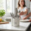 Dimples Cutlery Holder Set of 3 Ceramic with a Handle White Kitchen Organizer 4