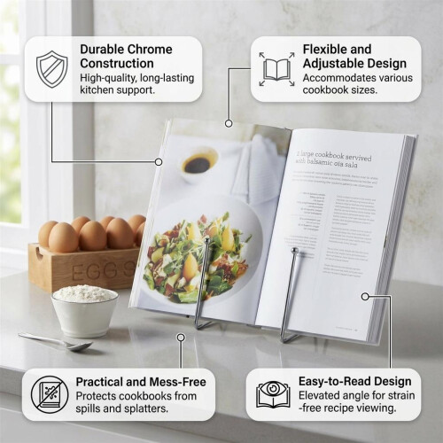 Chrome Recipe Book Cookbook Holder Tablet Stand Kitchen Rack Silver Metal Rest 1