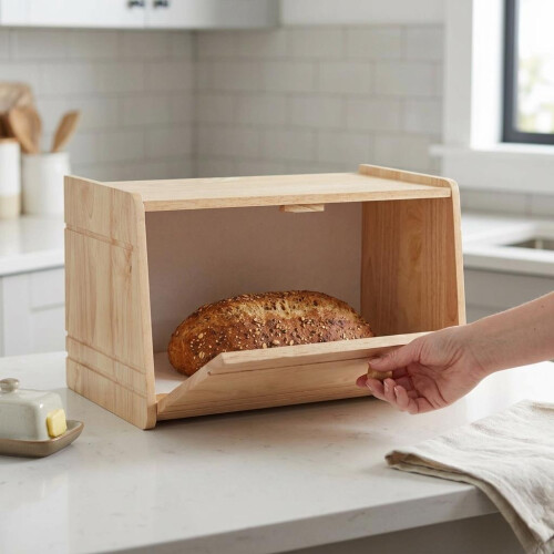 Kitchen Rubberwood Wooden Drop Front Loaf Bread Biscuit Bin Storage Container 2