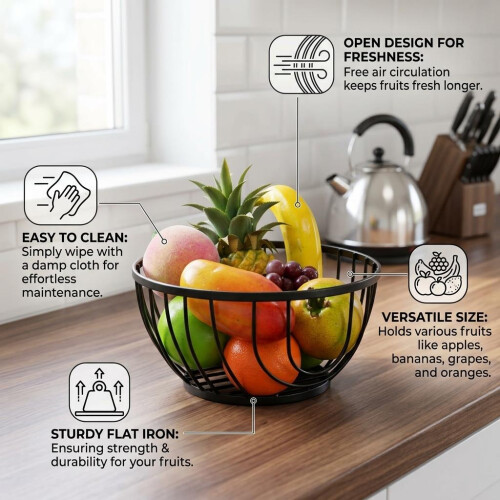 Black Flat Iron Metal Round Fruit Storage Basket Bowl Holder Kitchen Stand Rack 1