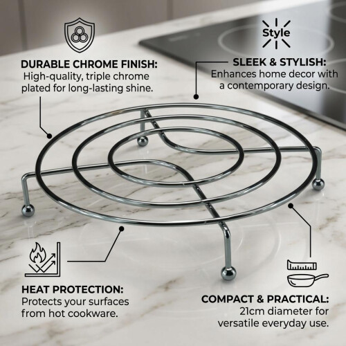 Round Chrome Heat Resistant Hot Saucepan Dish Pan Stand Trivet Worktop Protector 1