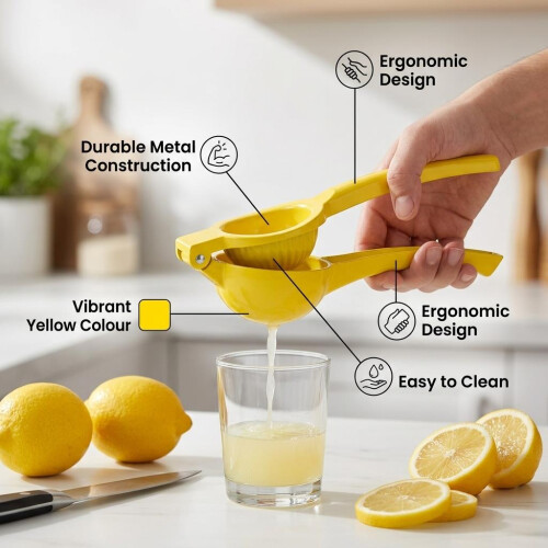 Lemon Press Yellow Metal Durable Juicer Ergonomic Easy Clean Kitchen Tool 22cm 1