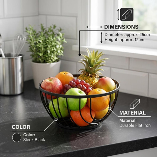 Black Flat Iron Metal Round Fruit Storage Basket Bowl Holder Kitchen Stand Rack 2