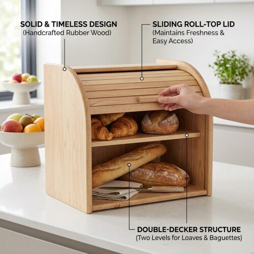 Rubber Wood Double Decker Bread Bin Kitchen Food Storage Roll Top Container New 1