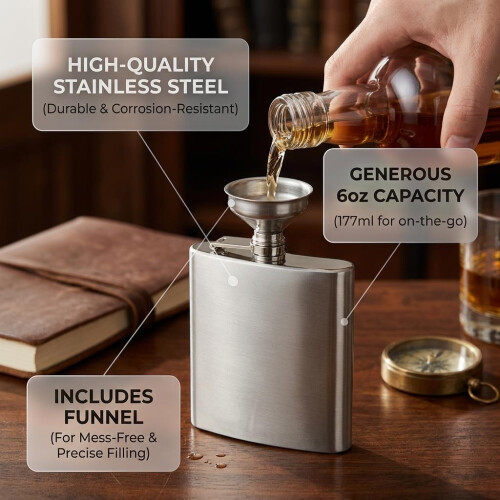 Stainless Steel Hip Flask 6oz Funnel 1