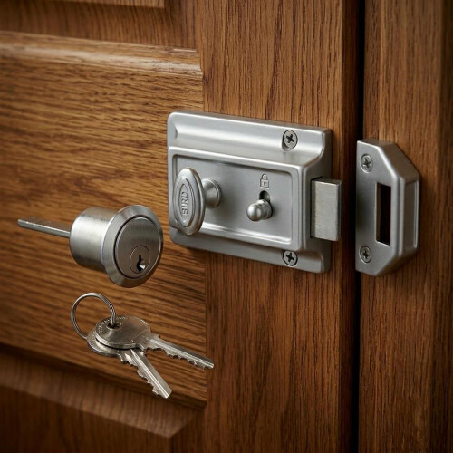 Rim Night Latch Silver Lock 60mm Backset Secure Entry Door Lock with 3 Keys 2