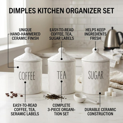 Dimples Canister Set 3 Pieces Ceramic White with Black Writing Coffee Tea Sugar 1