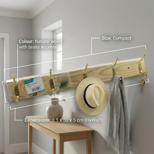 BB-HC201 5-Hook Pine Hat & Coat Rack with Brass-Plated Hooks, Natural Finish 1
