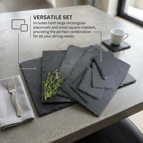 Slate Placemat & Coaster Set Black Rectangle Square 30x20cm 10x10cm Dining Décor 1