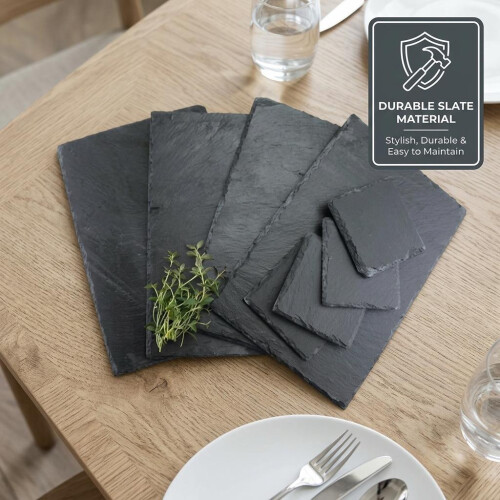 Slate Placemat & Coaster Set Black Rectangle Square 30x20cm 10x10cm Dining Décor 2
