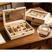 Boîte de rangement en bois de pin avec couvercle en verre pour bureau, 13 compartiments