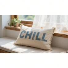 Almofada decorativa com franjas de linho e estampa listrada "Relax Chill" em algodão, 50x30cm